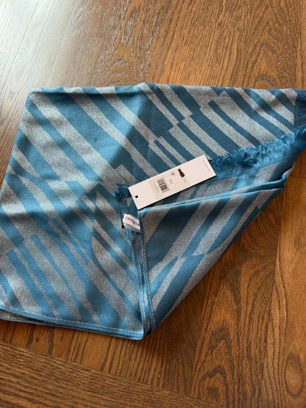 Calvin Klein Teal and Silver geometric Zebra-Stripe Wrap Scarf